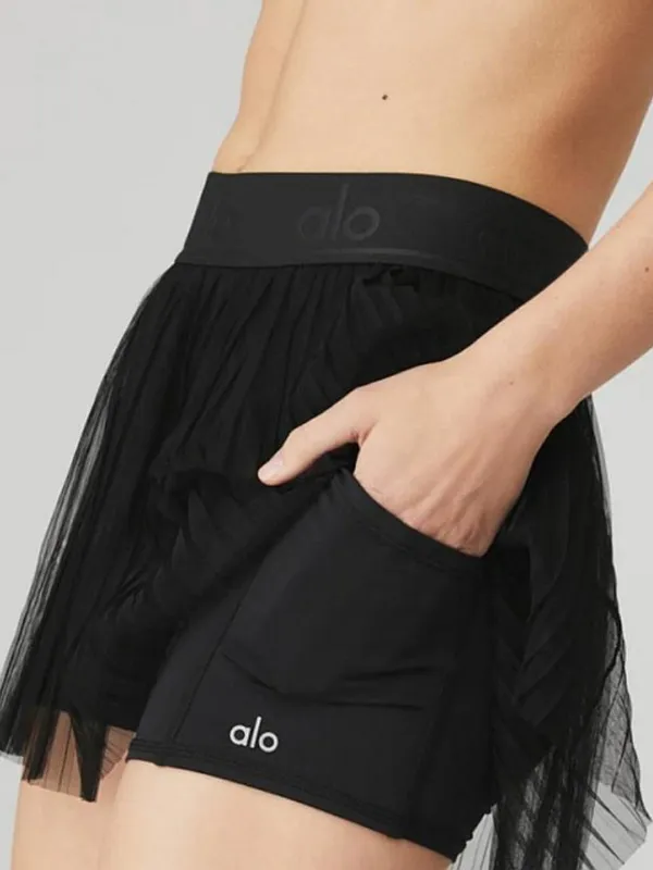 Alo Mesh Flirty Tennis Skirt Black Sheer Transparent See-Through A-Line Skort L - Image 8