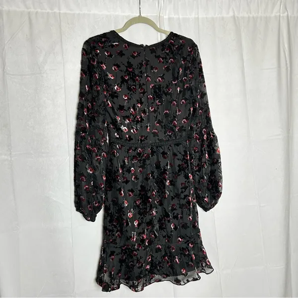 Wayf Black Crushed Velvet Floral Print V Neck‎ Long Sleeve Mini Dress Small - Image 2