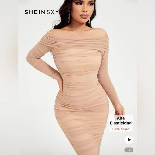 SHEIN Tan Ruched Long Sleeve Bodycon Dress - Image 2