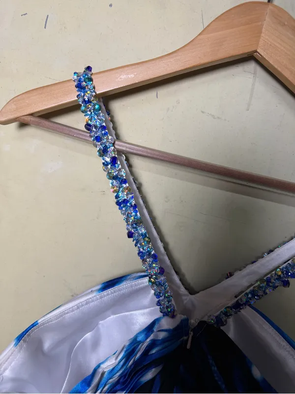 Cache Y2K Rhinestone Halter Blue Abstract Maxi Homecoming/ Prom Dress Size 10 - Image 14