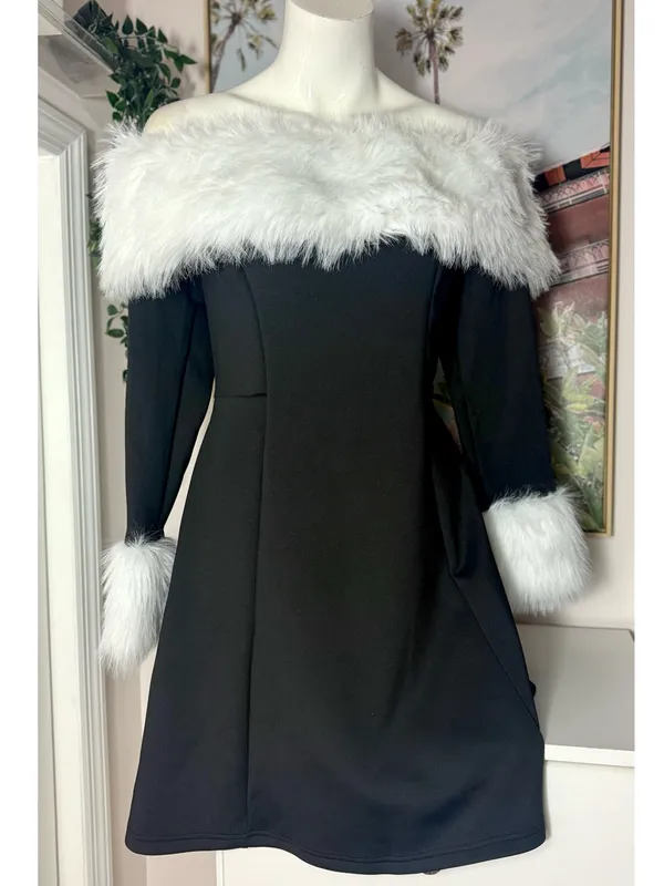 Womens Black Off Shoulder Faux Fur Trim Mini Dress Size XL Fit Flare Long Sleeve - Image 2