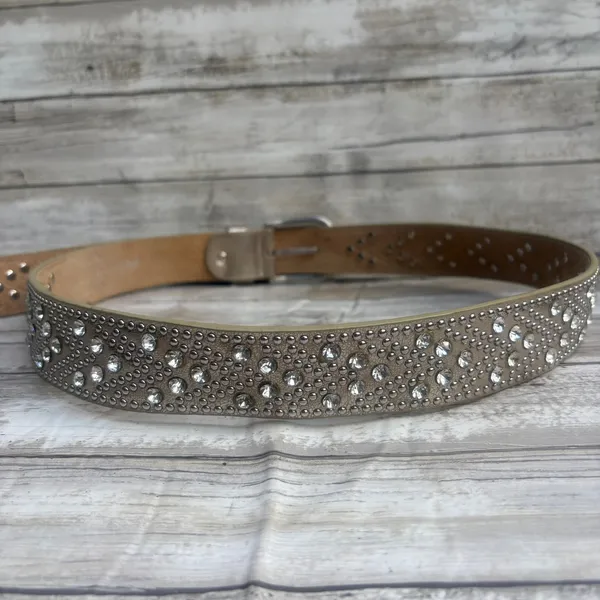Studded Rhinestone Leather Belt 110CM 36.5" Tan Silver tone Western Glam Bling - Image 4