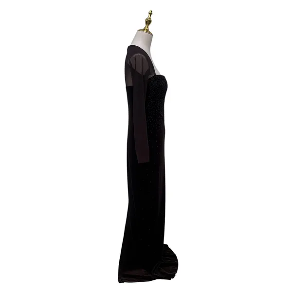 VTG 90s‎ Cache Velvet Beaded Evening Gown XS Brown Sheer Mesh Maxi FairyGrunge - Image 8