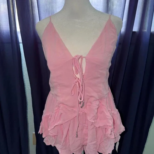 Free People Brielle Playsuit Smocked Slim V Neck Straps Ruffle Tie Romper S NWOT - Image 2