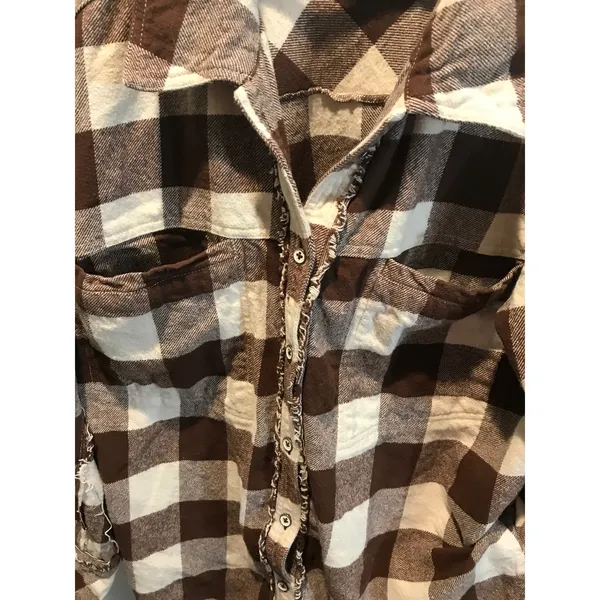 We the Free Brown and Cream Flannel Plaid Oversized Button up Shirt Size Lg - Image 5