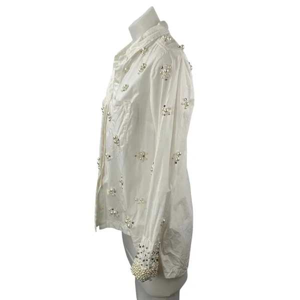 Anthropologie Maeve Women's White Beaded Long Sleeve Button Down Shirt Top XS - Image 3