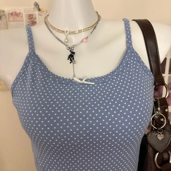 Old Navy Blue White Polka Dot Cami Size XL (14-16) Bow Accent New - Image 2