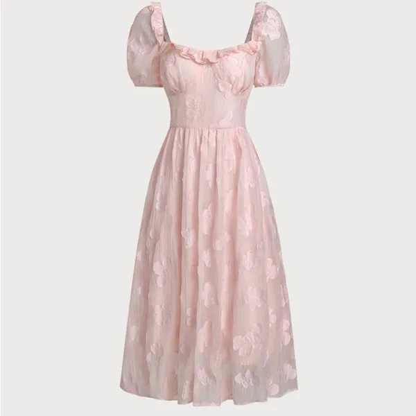 Rihoas Pink Square Neck Puffed Sleeve Midi Dress - Image 6