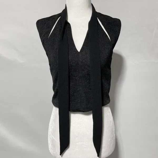 Zara Slit Front Cap Sleeve Cropped Tie Neck Top Black Size Small 5410/234/800 - Image 10