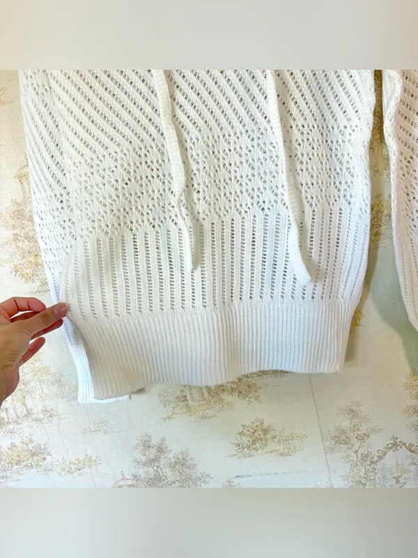 Vintage 60s 70s Hand Loomed White Pointelle Knit Tie Neck Sweater - Image 3