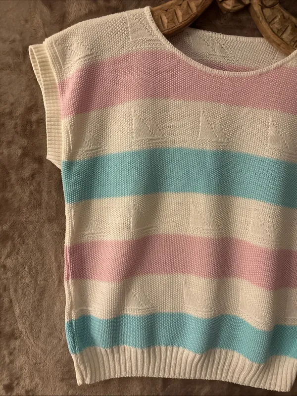 Women’s Pastel Striped Knit Top — Pink, Blue & White Size M/L - Image 5