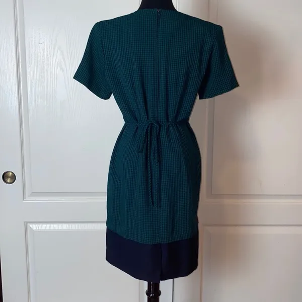 80s VINTAGE BLUE & GREEN GINGHAM PREPPY OFFICE DRESS - Image 2