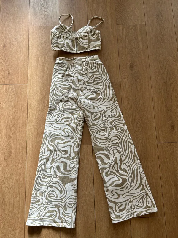 Neutral Swirl Print High-Waist Wide Leg Pant Set - Image 5