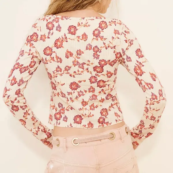 NEW Free People Tilly Tea Combo Ivory Floral Button Front Cotton Long Sleeve Top - Image 4