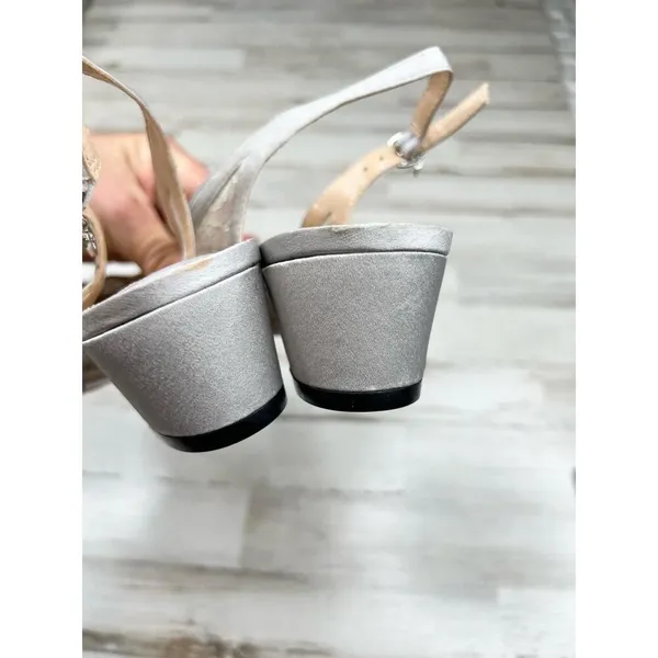J Renee Silver Gray Lace Rhinestone Embellished Square Toe Slingback Heels 9.5 - Image 6