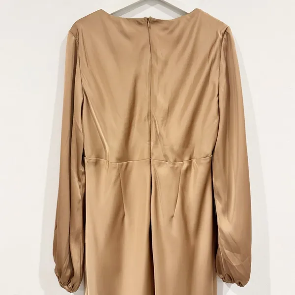 Billy J Brigitte‎ Dress Plus Size 20 Tan Satin Tie Front Maxi V Neck Old Money - Image 9