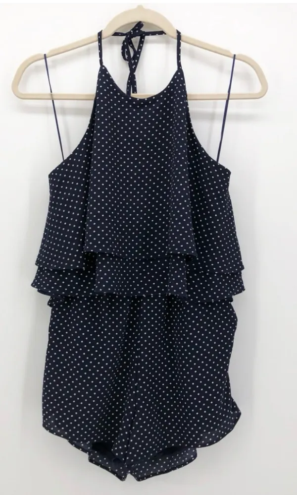 Aqua Navy Polka Dot Halter Tiered Ruffle Romper | Size Small | Bloomingdale’s - Image 4