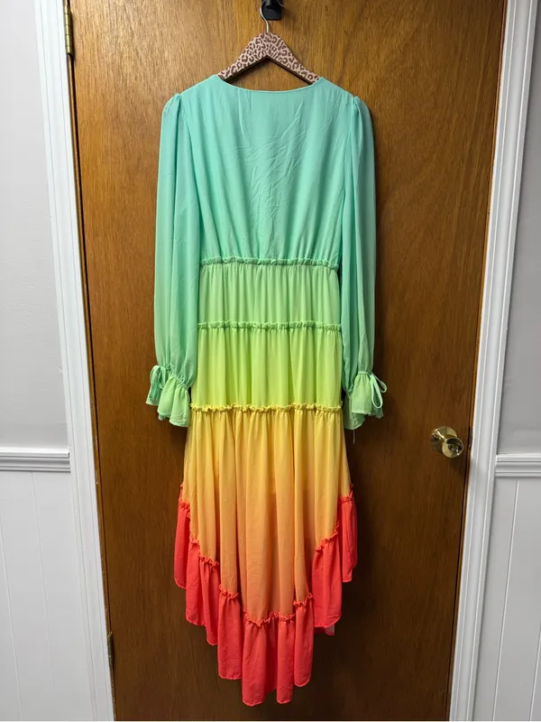 Champagne & Strawberry Multicolor Gradient High Low Long Sleeve Midi Dress Large - Image 15