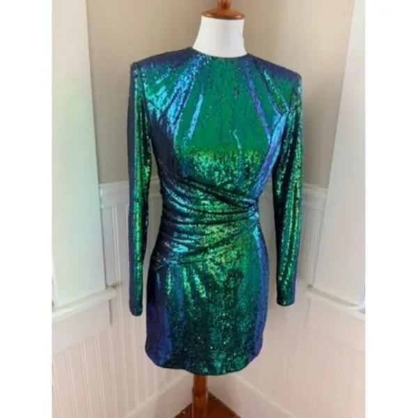 House of CB Cristobal Iridescent Sequin Mini Dress Green Blue Medium - Image 2