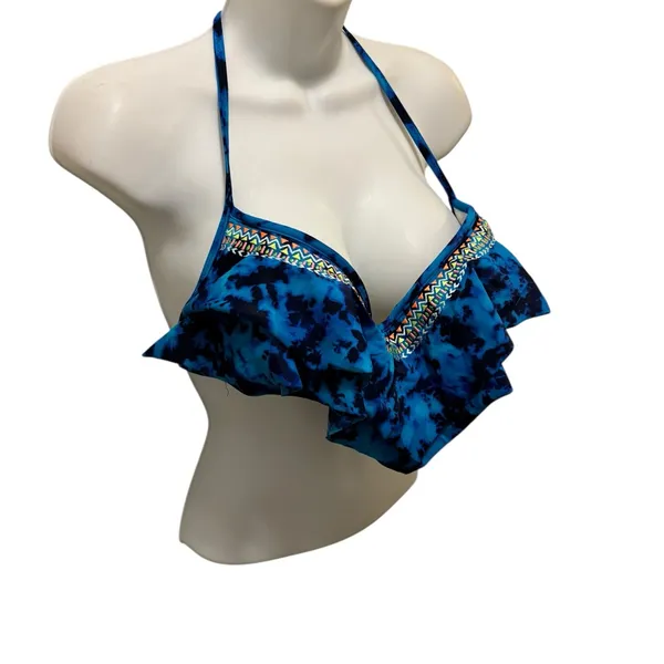 Victoria’s Secret Pink Blue Tie Dye Ruffle Bikini Top W/Embroidery Sz M Push Up - Image 2