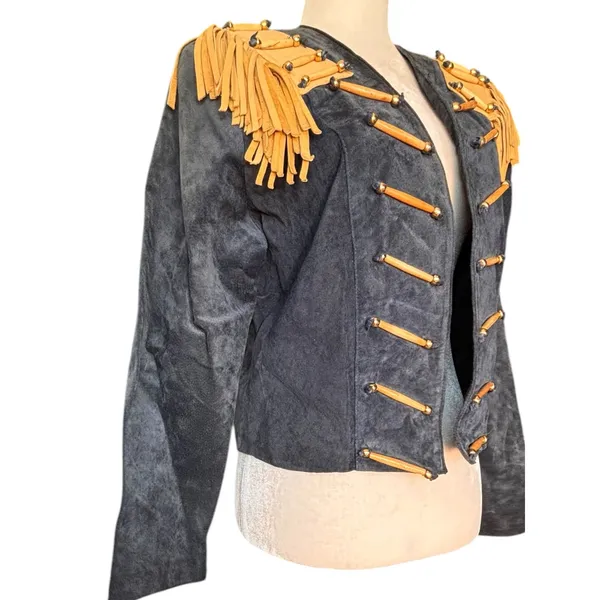 Vintage Black Suede Tan Fringe Military Jacket‎ Small Western Rocker Leather - Image 6