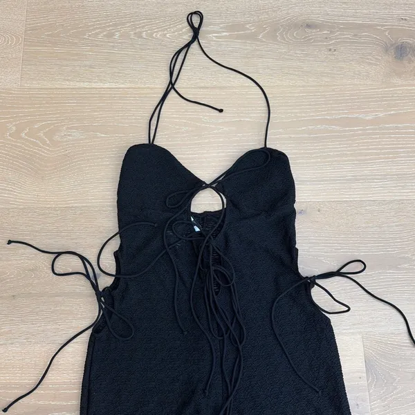 White Fox Lace Jumpsuit Halter & Side Ties Size L Black - Image 2