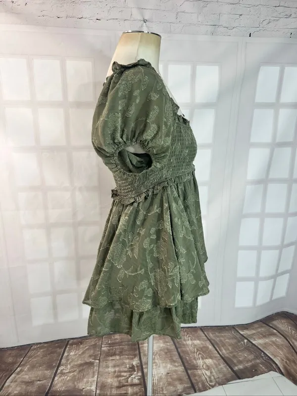 Altar’d State Olive Green Smocked Jacquard Puff Sleeve Layered Mini Dress Small - Image 4