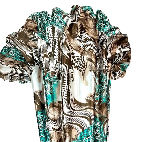 Animal Print Maxi Dress S Beaded Halter Brown Teal Flowy Mobwife Charmeuse - Image 4