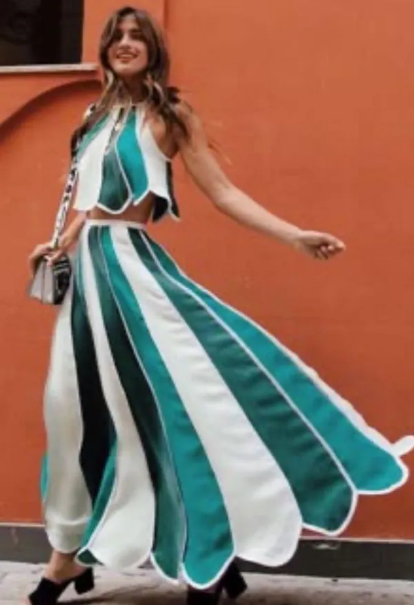 Free People Green & White Stripe Inez Skirt Set Size Small Crop Halter Top - Image 2