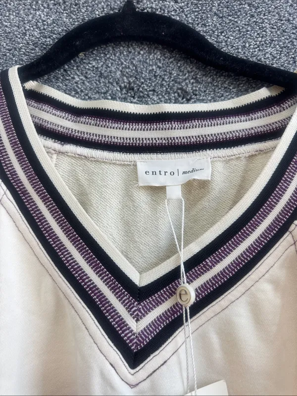 entro Cream V-Neck Top with Purple & Black Trim - Image 3