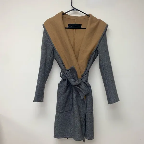Zara Wool Blend Camel Gray Wraparound Hooded Coat MEDIUM - Image 4