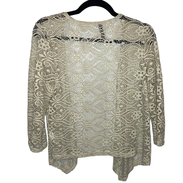 Ashley Blue Taupe Lace Open Front Cardigan Boho‎ Sheer Crochet Size Medium - Image 2