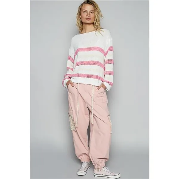 POL Striped Openwork‎ Round Neck Knit Top - Image 5