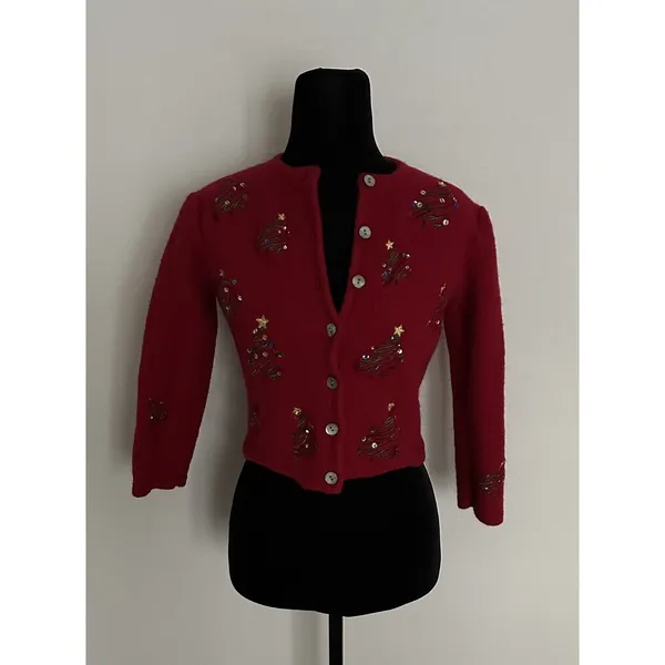 Karen Scott Red 100% Wool VintageCardigan Sweater Sequin Embroidered Tree M Crew - Image 3