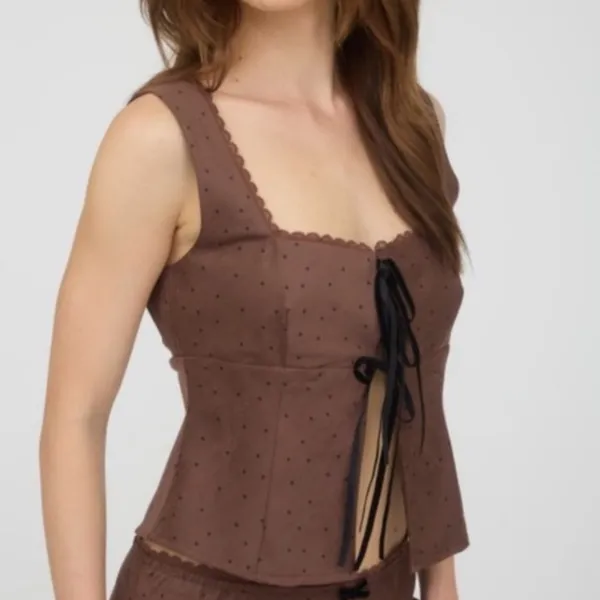 Open Front Milkmaid Top Brown Black Polka Dot Cutesy Coquette Cottagecore Size L - Image 6