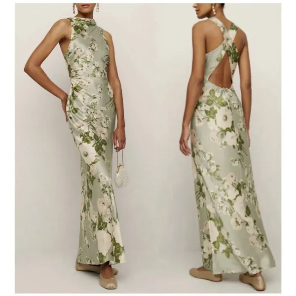 Reformation Anaiis Silk Dress Tarragon Floral Green Open Back High Neck Size 6 - Image 5