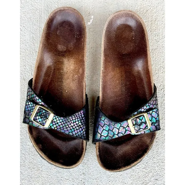⁠Birkenstock Madrid Black Metallic Python Snake Sandals Sz 38 Gold Buckle - Image 11
