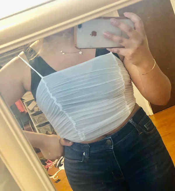 Ruched Detail Solid Mesh Top White Size M - Image 4