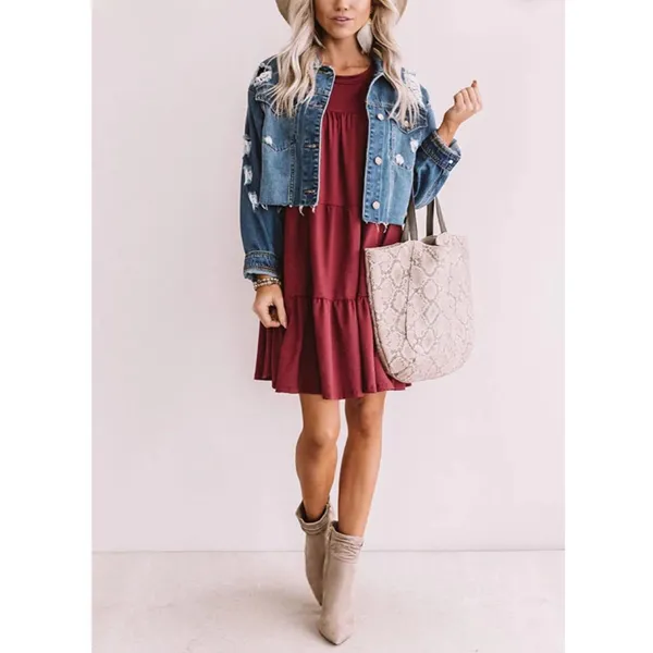 Entro Women’s‎ Tiered Merlot Babydoll Ruffle Short Sleeve Mini Dress Size Small - Image 5