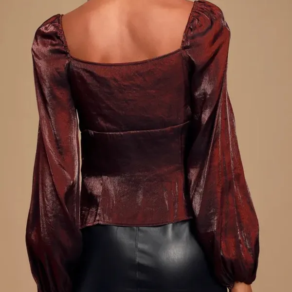 Lulus Chic Perspective Wine Red Satin Tie-Front Puff Sleeve Top - Image 4