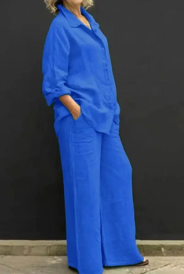 Zara Linen Matching set button shirt Coord wide pant drawstring lounge blue M - Image 2
