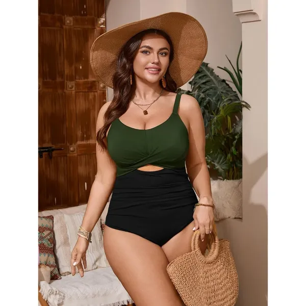 Women's Plus Size One Piece Swimsuit Bathing Suit Tummy Control Cutout Front NEW - Image 5