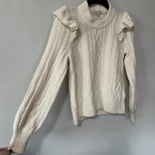 Madewell Hollydene‎ Sweater Women's Size Small Cream Ruffle Shoulder Merino Wool - Image 2
