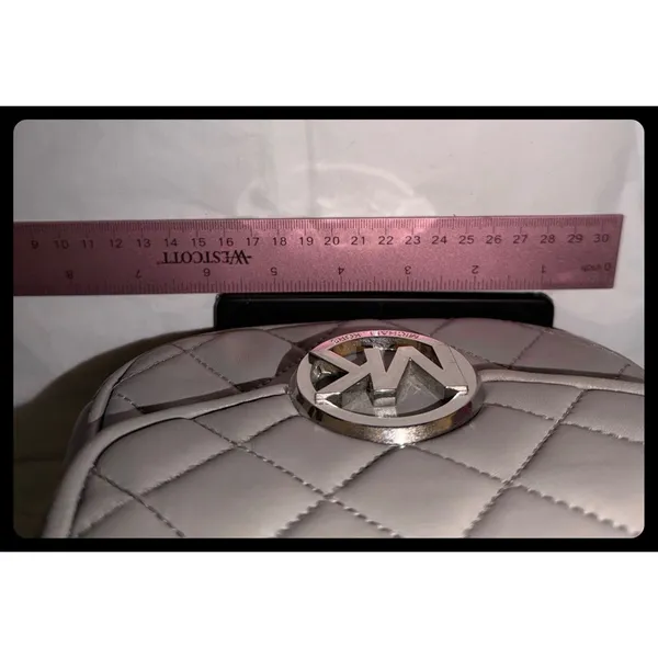 Michael Kors Crossbody Bag Womens Small Grey Quilted Leather Fulton Flap Purse - Image 6
