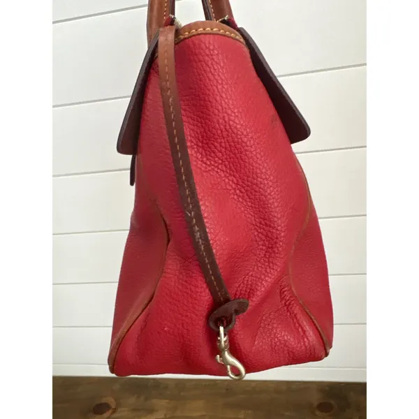 Vintage Dooney & Bourke Red Pebbled Leather Satchel Bag Tan Trim Duck Logo Large - Image 5