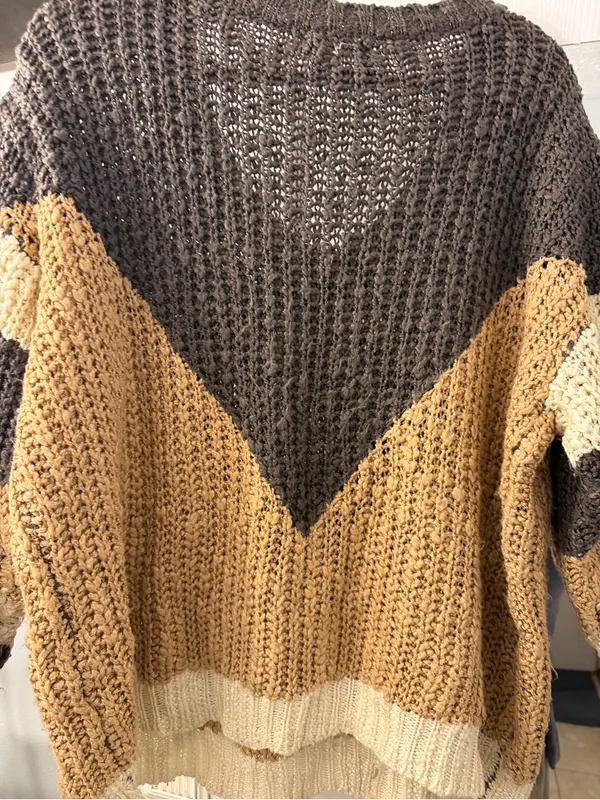 MACARON V-Neck Colorblock Sweater in Brown, Tan & Cream - Image 4