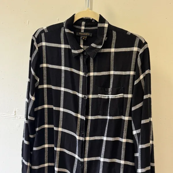 Donna Karan Sleepwear Black White Plaid Button Down Tunic Nightshirt Medium - Image 3