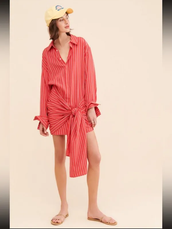 Bardot Malira Red White Stripe Draped Tie Shirt Mini Dress Size 6 NWOT - Image 3