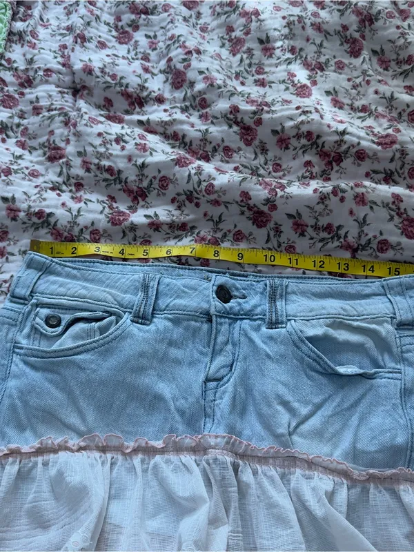 Y2K Light Blue Denim Mini Skirt with pink Lace Ruffle - Image 4