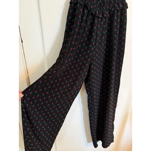 Liberty Love Womens Black‎ Cherry Print Smocked Waist Wide Leg Jumpsuit Small - Image 2
